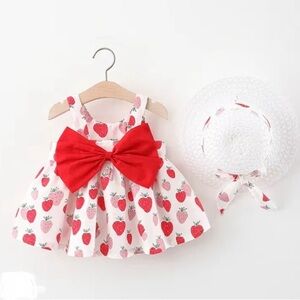 Patpat 2pcs Strawberry Print Bowknot Sleeveless Baby Dress & Hat Set